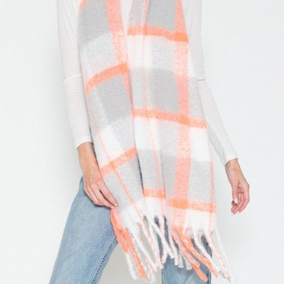 Gray, Orange & Ivory Plaid Scarf with Whimsical Fringe - Picture 6 of 8